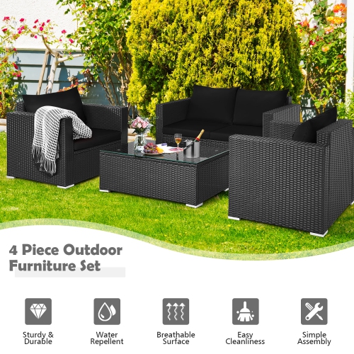 Costway 4PCS Patio Rattan Furniture Set Cushioned Sofa Chair Coffee Table Black