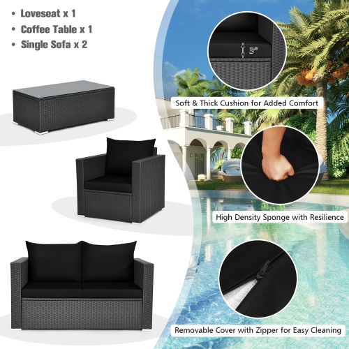 Costway 4PCS Patio Rattan Furniture Set Cushioned Sofa Chair Coffee Table Black