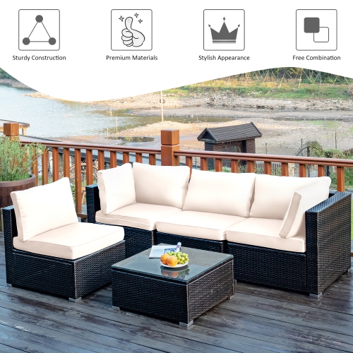 Costway 5PCS Patio Rattan Furniture Set Cushioned Sofa Chair Coffee Table