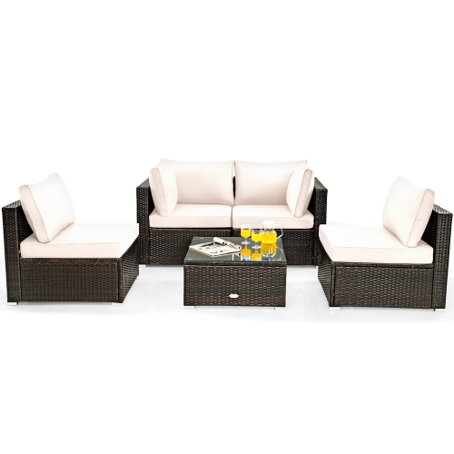 Costway 5PCS Patio Rattan Furniture Set Cushioned Sofa Chair Coffee Table