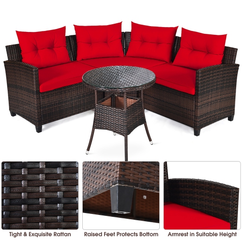 Costway 4PCS Outdoor Patio Rattan Furniture Set Cushioned Sofa Table