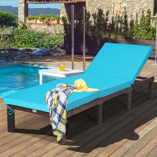 Costway Outdoor Rattan Lounge Chair Chaise Recliner Adjustable Cushioned Patio Turquoise