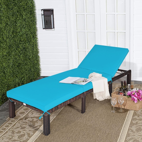Costway Outdoor Rattan Lounge Chair Chaise Recliner Adjustable Cushioned Patio Turquoise