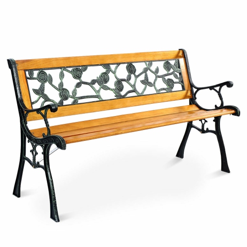 COSTWAY  Patio Park Garden Bench Porch Chair Outdoor Deck Cast Iron Hardwood Rose