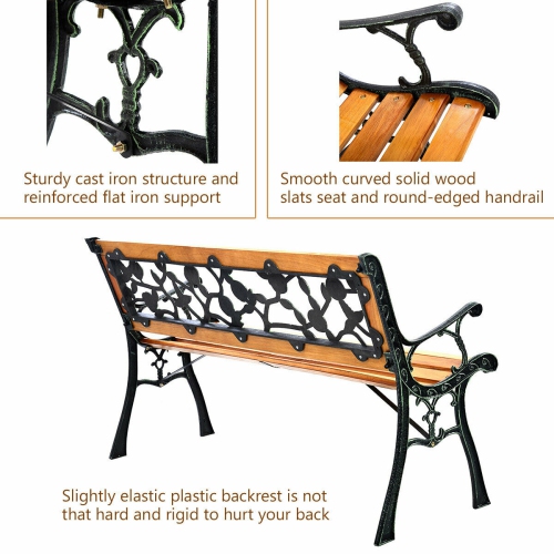 Costway Patio Park Garden Bench Porch Chair Outdoor Deck Cast Iron Hardwood Rose