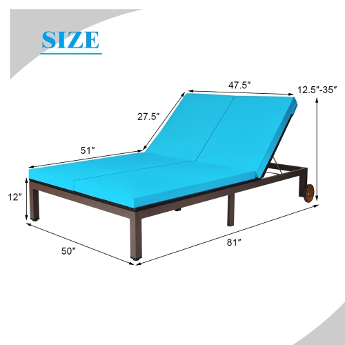 Costway 2-Person Patio Rattan Lounge Chair Chaise Recliner Adjustable Cushion Turquoise