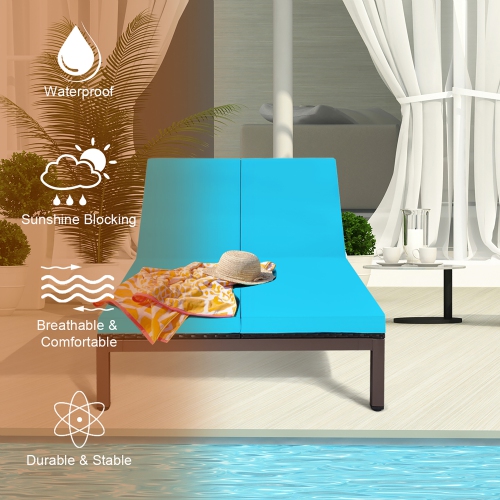 Costway 2-Person Patio Rattan Lounge Chair Chaise Recliner Adjustable Cushion Turquoise