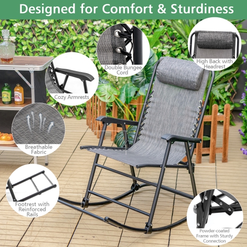 Costway Folding Zero Gravity Rocking Chair Rocker Porch Outdoor Patio w/ Headrest