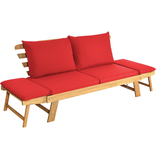Costway Patio Convertible Sofa Daybed Solid Wood Adjustable Furniture Thick Cushion Red