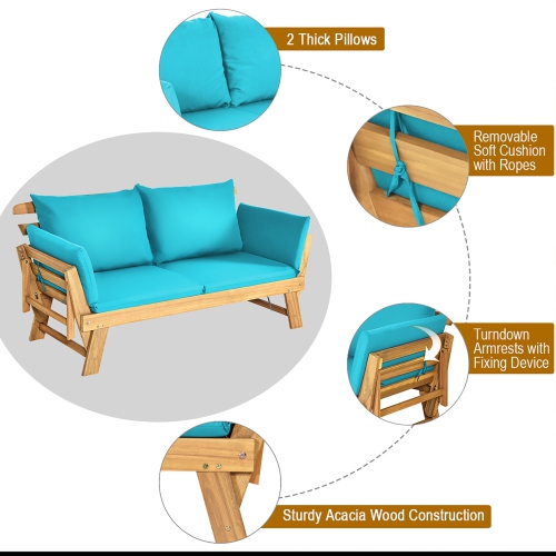 Costway Patio Convertible Sofa Daybed Solid Wood Adjustable Thick Cushion
