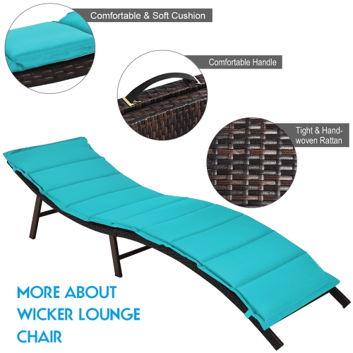 Costway 2PCS Patio Rattan Folding Lounge Chair Chaise Double Sided Cushion Turquoise