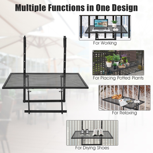 Costway Folding Hanging Table Adjustable Balcony Railing Table Patio Deck Black
