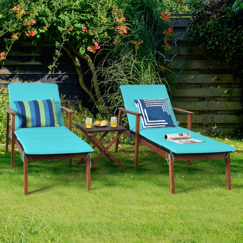 Gymax 3PCS Outdoor Patio Lounge Chair Set w/ Folding Table Turquoise Cushion