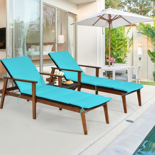 Gymax 3PCS Outdoor Patio Lounge Chair Set w/ Folding Table Turquoise Cushion