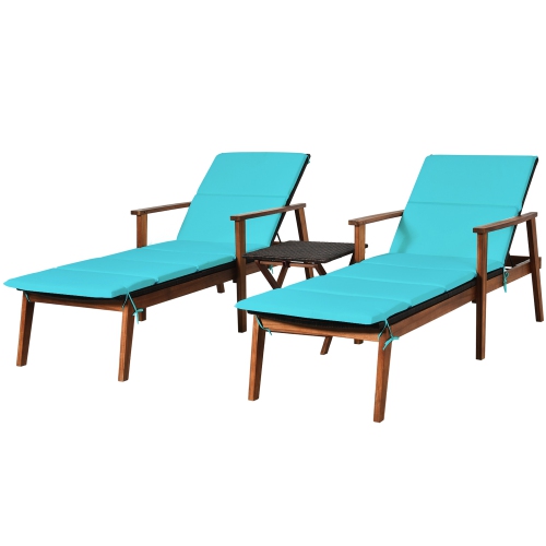 Gymax 3PCS Outdoor Patio Lounge Chair Set w/ Folding Table Turquoise Cushion