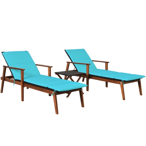 Gymax 3PCS Outdoor Patio Lounge Chair Set w/ Folding Table Turquoise Cushion