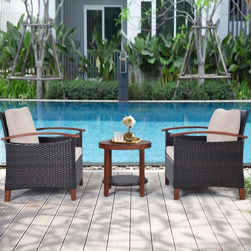 Gymax 3PCS Patio Wicker Rattan Conversation Set Outdoor Furniture Set w/ Beige Cushion