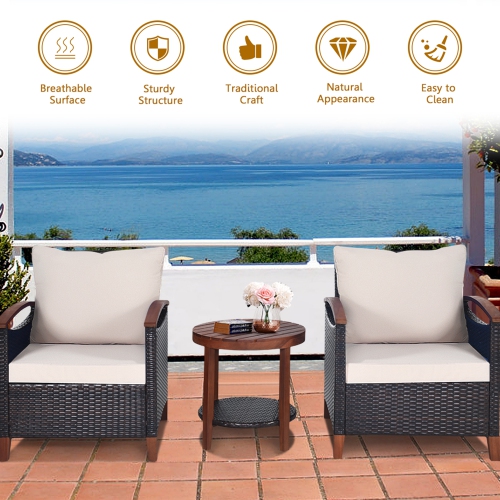 Gymax 3PCS Patio Wicker Rattan Conversation Set Outdoor Furniture Set w/ Beige Cushion