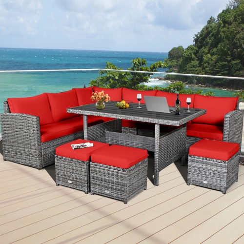 GYMAX  7PCs Rattan Patio Sectional Sofa Set Conversation Set W/ Cushions In Red