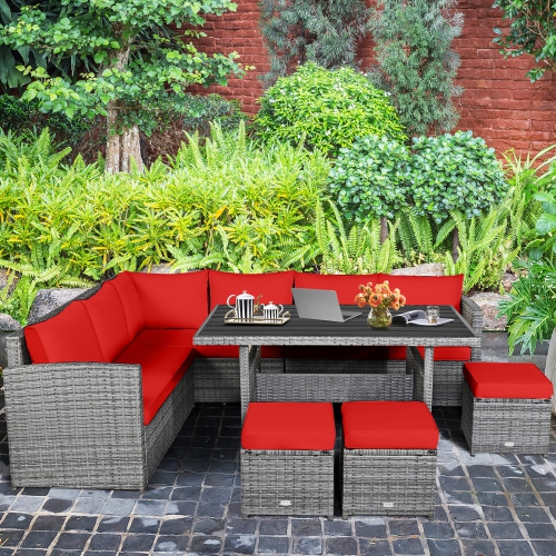 Gymax 7PCS Rattan Patio Sectional Sofa Set Conversation Set w/ Red Cushions