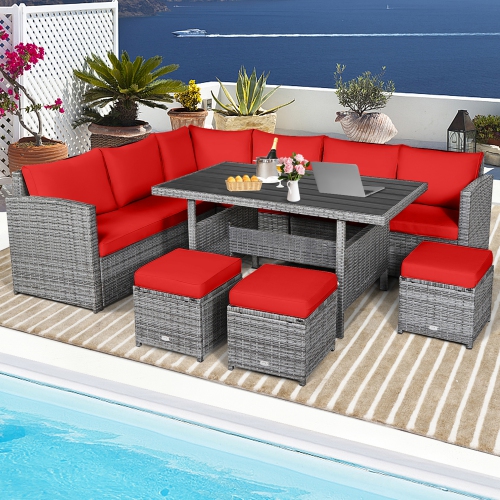 Gymax 7PCS Rattan Patio Sectional Sofa Set Conversation Set w/ Red Cushions