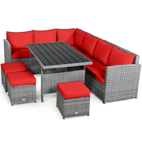 Gymax 7PCS Rattan Patio Sectional Sofa Set Conversation Set w/ Red Cushions