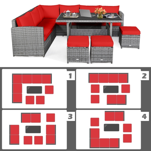 Gymax 7PCS Rattan Patio Sectional Sofa Set Conversation Set w/ Red Cushions