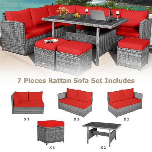 Gymax 7PCS Rattan Patio Sectional Sofa Set Conversation Set w/ Red Cushions
