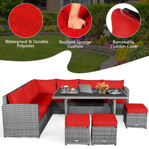 Gymax 7PCS Rattan Patio Sectional Sofa Set Conversation Set w/ Red Cushions