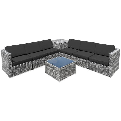 Gymax 8PCS Patio Rattan Sofa Sectional Conversation Furniture Set w/ Black Cushion
