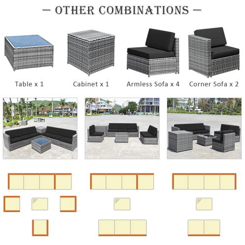 Gymax 8PCS Patio Rattan Sofa Sectional Conversation Furniture Set w/ Black Cushion
