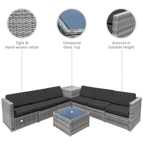 Gymax 8PCS Patio Rattan Sofa Sectional Conversation Furniture Set w/ Black Cushion