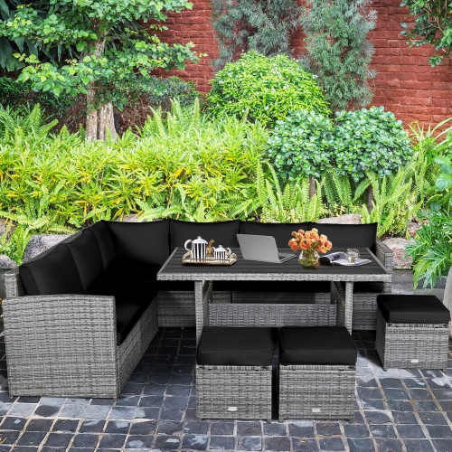 Gymax 7PCS Rattan Patio Sectional Sofa Set Conversation Set w/ Black Cushions