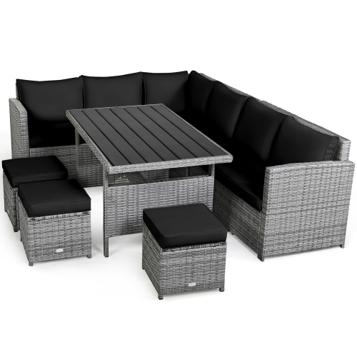 Gymax 7PCS Rattan Patio Sectional Sofa Set Conversation Set w/ Black Cushions