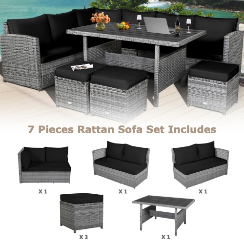Gymax 7PCS Rattan Patio Sectional Sofa Set Conversation Set w/ Black Cushions