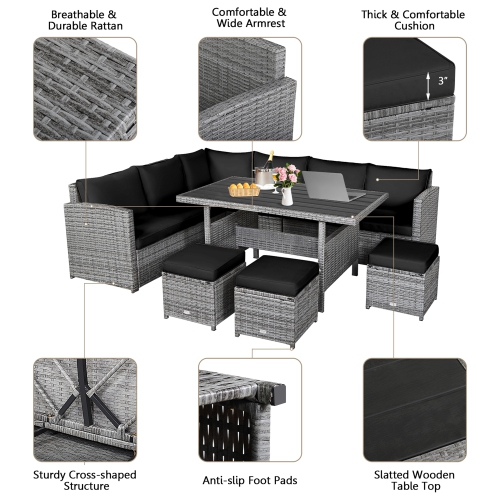 Gymax 7PCS Rattan Patio Sectional Sofa Set Conversation Set w/ Black Cushions