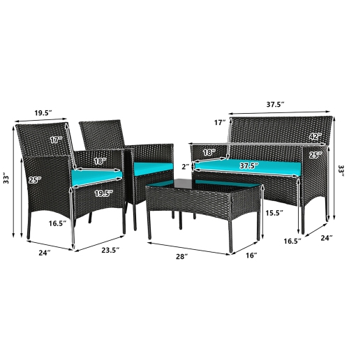 Gymax 4PCS Outdoor Furniture Set Patio Rattan Conversation Set w/ Turquoise Cushion