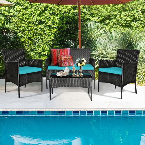 Gymax 4PCS Outdoor Furniture Set Patio Rattan Conversation Set w/ Turquoise Cushion