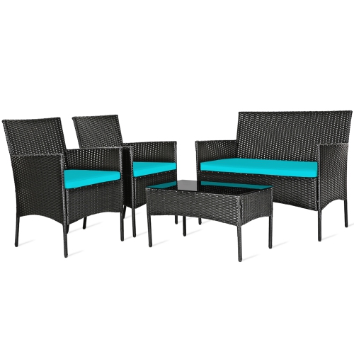 Gymax 4PCS Outdoor Furniture Set Patio Rattan Conversation Set w/ Turquoise Cushion