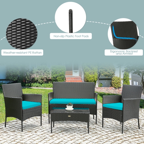 Gymax 4PCS Outdoor Furniture Set Patio Rattan Conversation Set w/ Turquoise Cushion