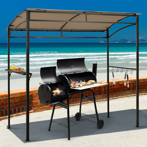 Gymax 7'x4.5' Grill Gazebo Outdoor Patio Garden BBQ Canopy Shelter Storage Hook Brown