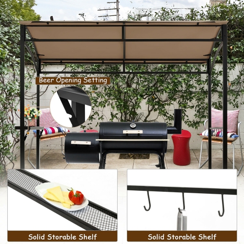 Gymax 7'x4.5' Grill Gazebo Outdoor Patio Garden BBQ Canopy Shelter Storage Hook Brown