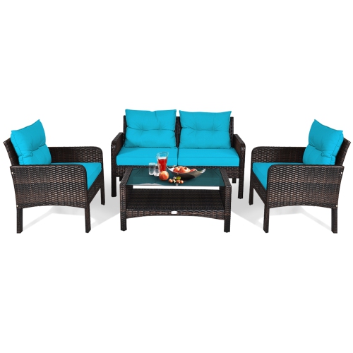 Gymax 4PCS Rattan Patio Conversation Set Cushioned Outdoor Furniture Set