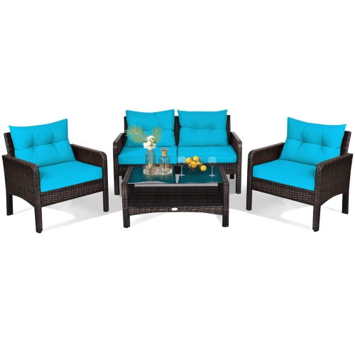 Gymax 4PCS Rattan Patio Conversation Set Cushioned Outdoor Furniture Set