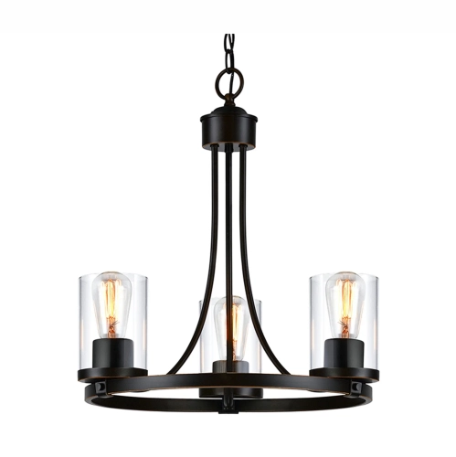 Image 1 of 4.. QPlus 3-Light Rustic Round Chandelier Pendant with E26 Bulb base & Clear Glass Shades - Bronze