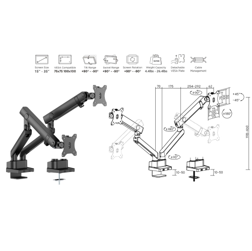 Amer Mounts Dual Articulating Heavy Duty Spring Monitor Arm For 15"-35" Monitors 12kg Max Weight per Screen - Clamp and Grommet Base Installation