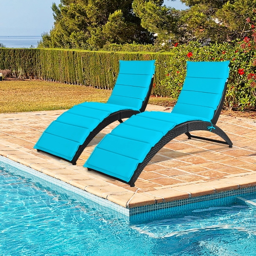 Costway 2PCS Folding Patio Rattan Lounge Chair Chaise Cushioned Portable Lawn Turquoise