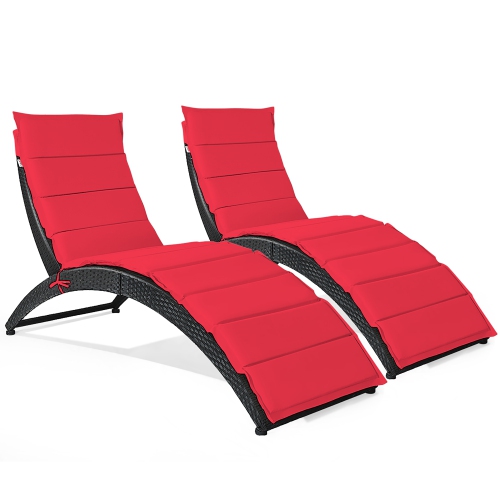 Costway 2PCS Folding Patio Rattan Lounge Chair Chaise Cushioned Portable Garden Lawn Red
