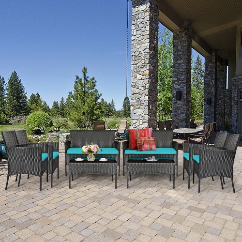 GYMAX  8PCs Outdoor Furniture Set Patio Rattan Conversation Set W/ Cushion In Turquoise