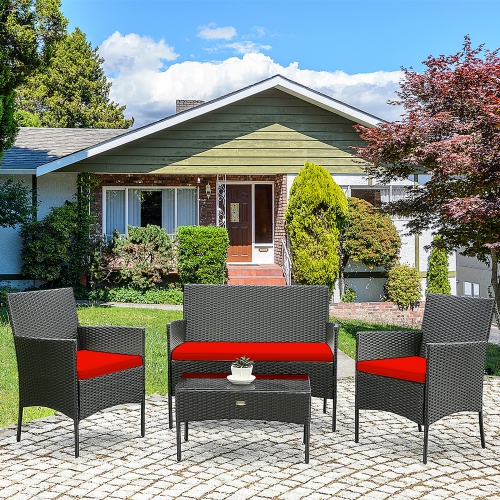 Gymax 8PCS Outdoor Furniture Set Patio Rattan Conversation Set w/ Red Cushion